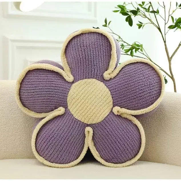 coussin moderne fleurs arrondies bordure blanche couleur noir blanc jaune rose grisclair