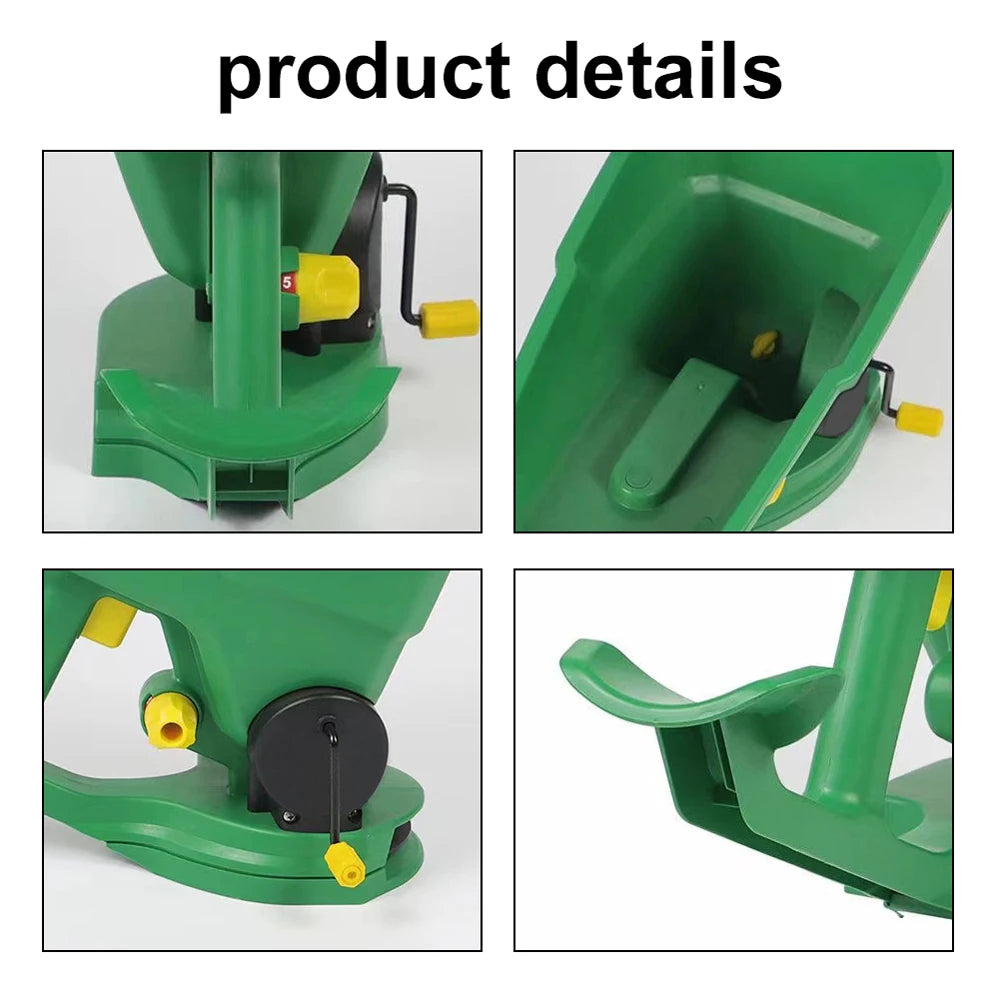 semoir manuel jardinage vert jaune plastique lisse réglable poignée formeoutil agricole