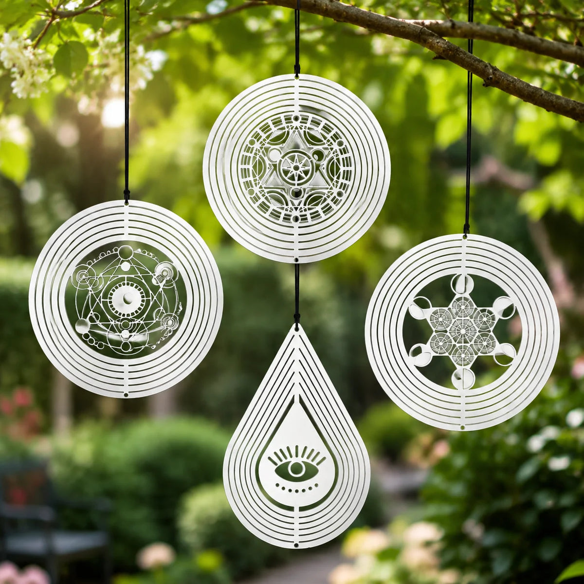 décoration murale suspendue métal 3d géométrique symboles spirituels blanc artisanal