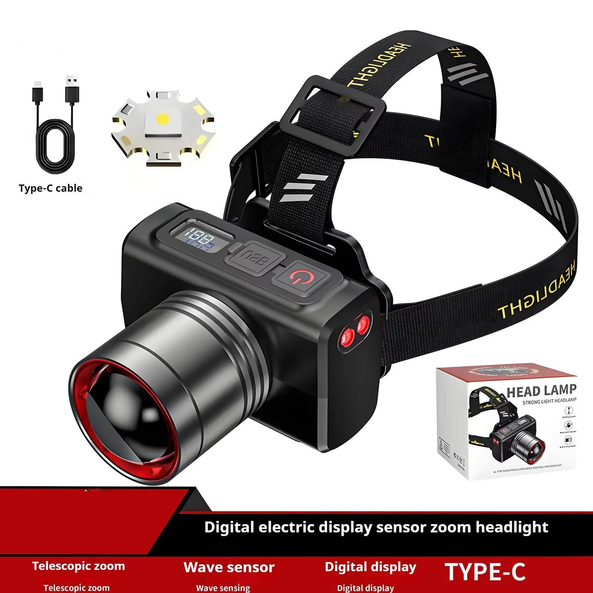 lampe frontale led rechargeable zoomable étanche haute luminosité noir jaune rouge moderne