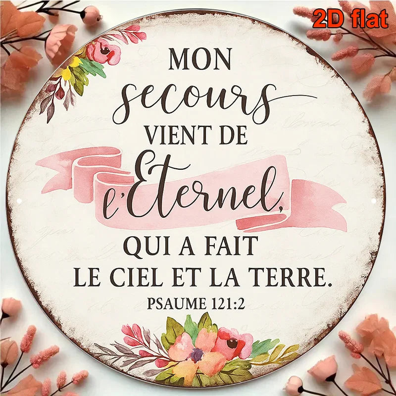 décoration murale vintage plaque circulaire motifs fleurs textes blanc rose