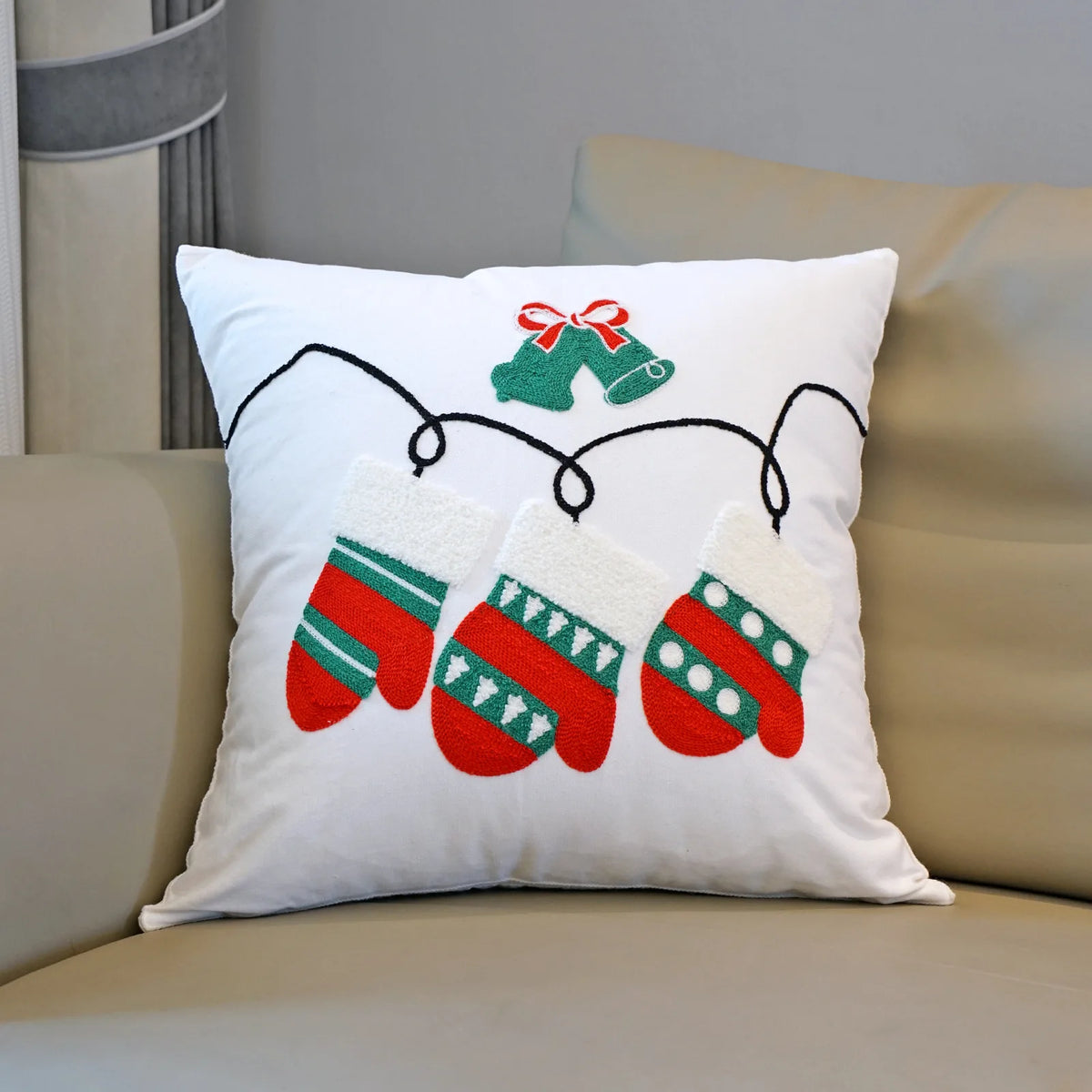 housse coussin noël brodée ho ho ho merry christmas rouge vert polyester coton respectueux