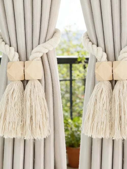 rideaux boho chic raphia naturel beige clair pompons chanvre tissé main