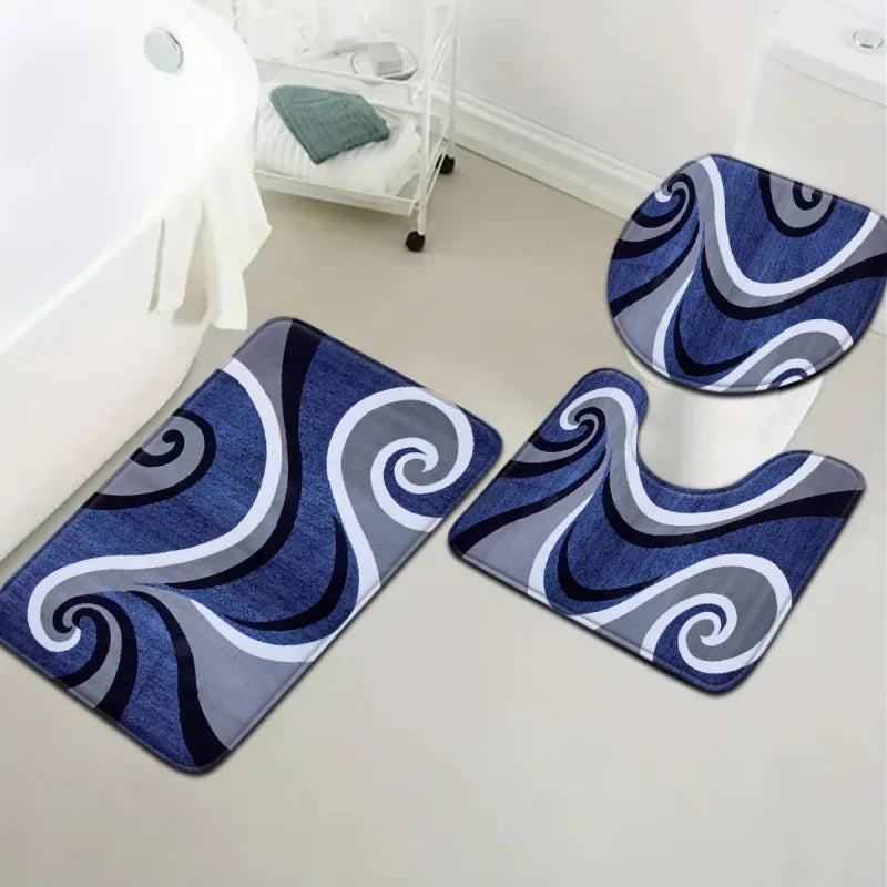 tapis bain moderne bleu marine gris blanc spirales abstraites antidérapants salle bain pièces