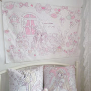 tapisserie murale kawaii manga rose personnages féminins gâteaux nœuds chambre fille