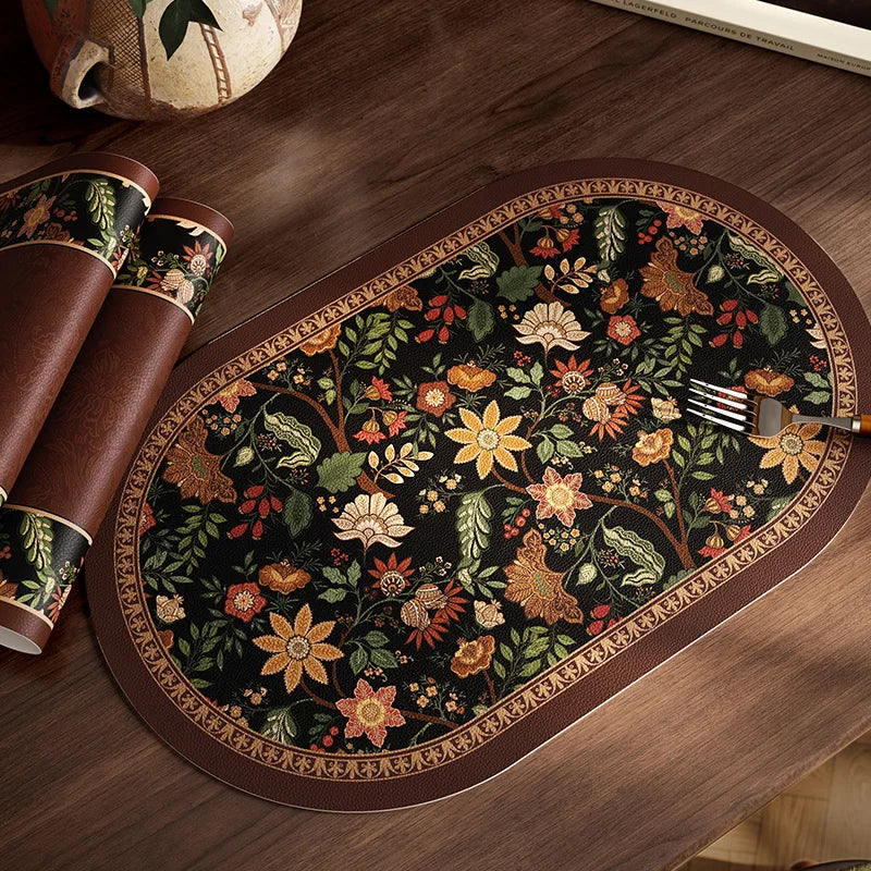 tapis table violet vert beige fleurs feuilles bordure rayée classique floral resistant pvc 30x50cm