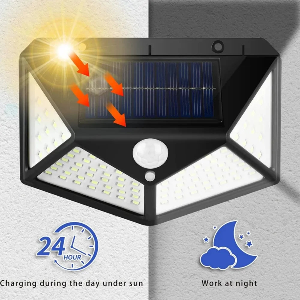 Lampe solaire allumée la nuit éclairant une allée de jardin avec détecteur de mouvement activé