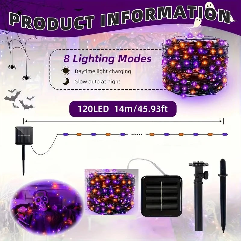 guirlande lumineuse solaire halloween led violet orange moderne 120 lumières 14mètres tringles fixations