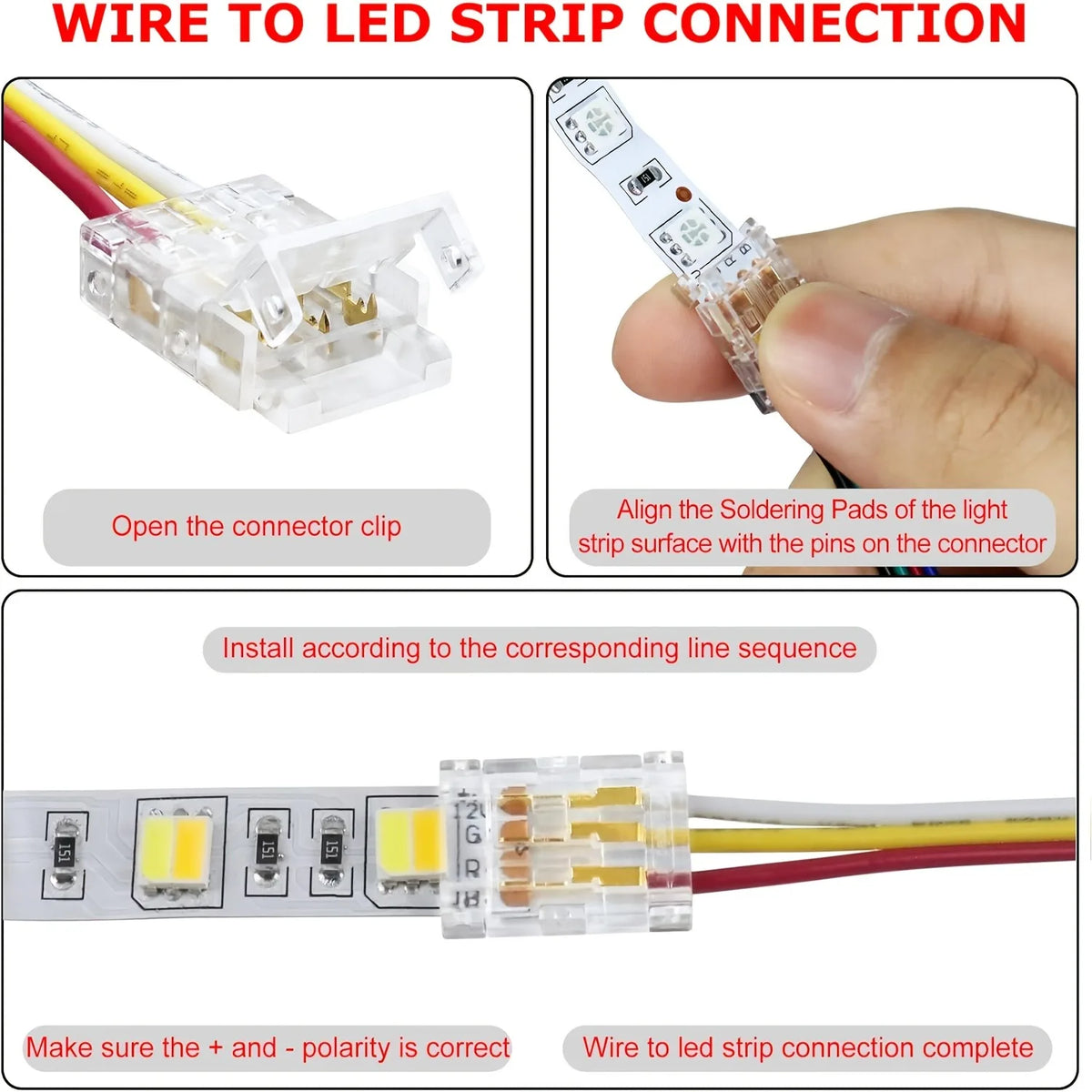 connecteur led transparent rouge jaune noir broches dorées moderne pratique clips câbles(rgb cct)