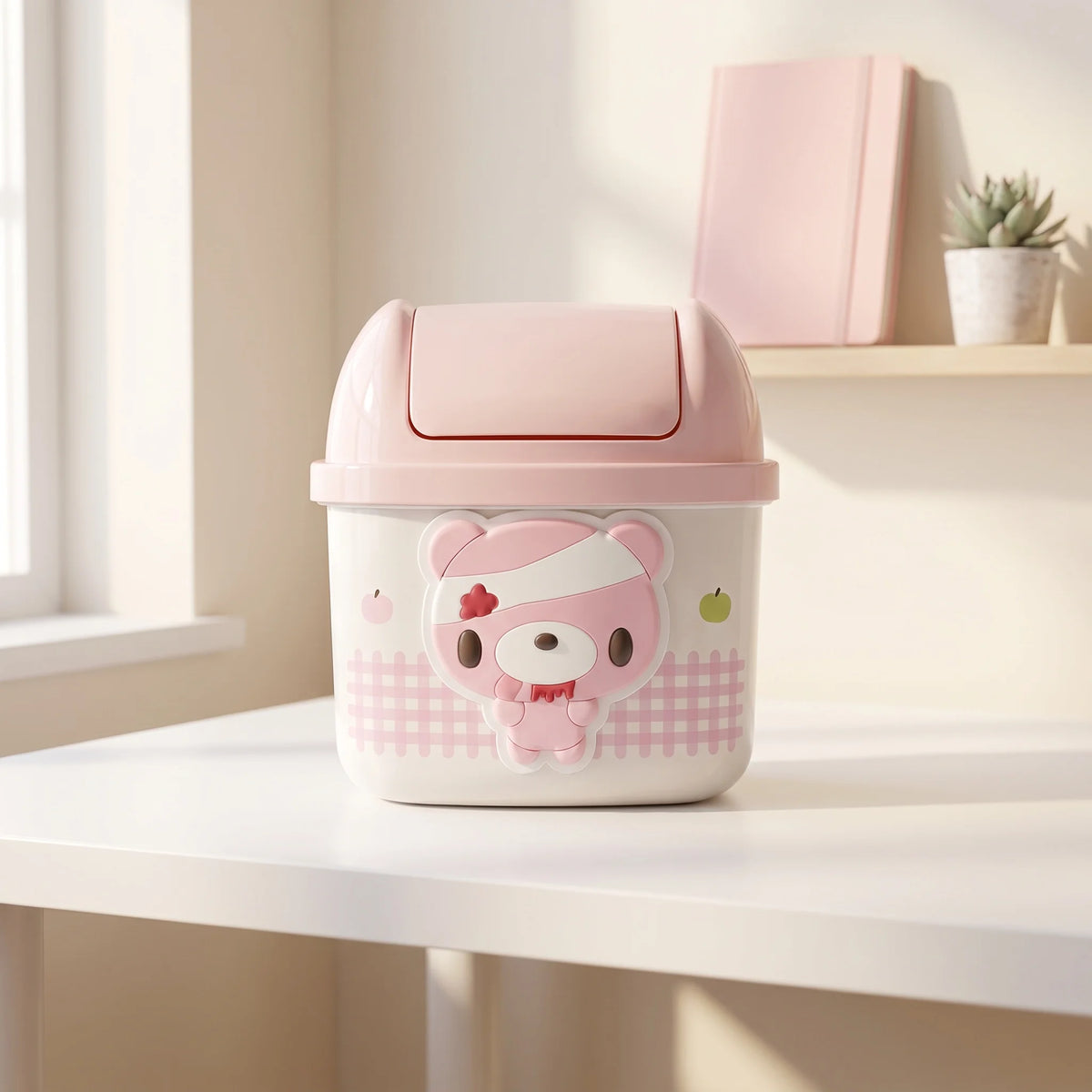 poubelle ours rose carreaux blancs kawaii enfantine couverture rabattable poignée plastique durable motifs colorés