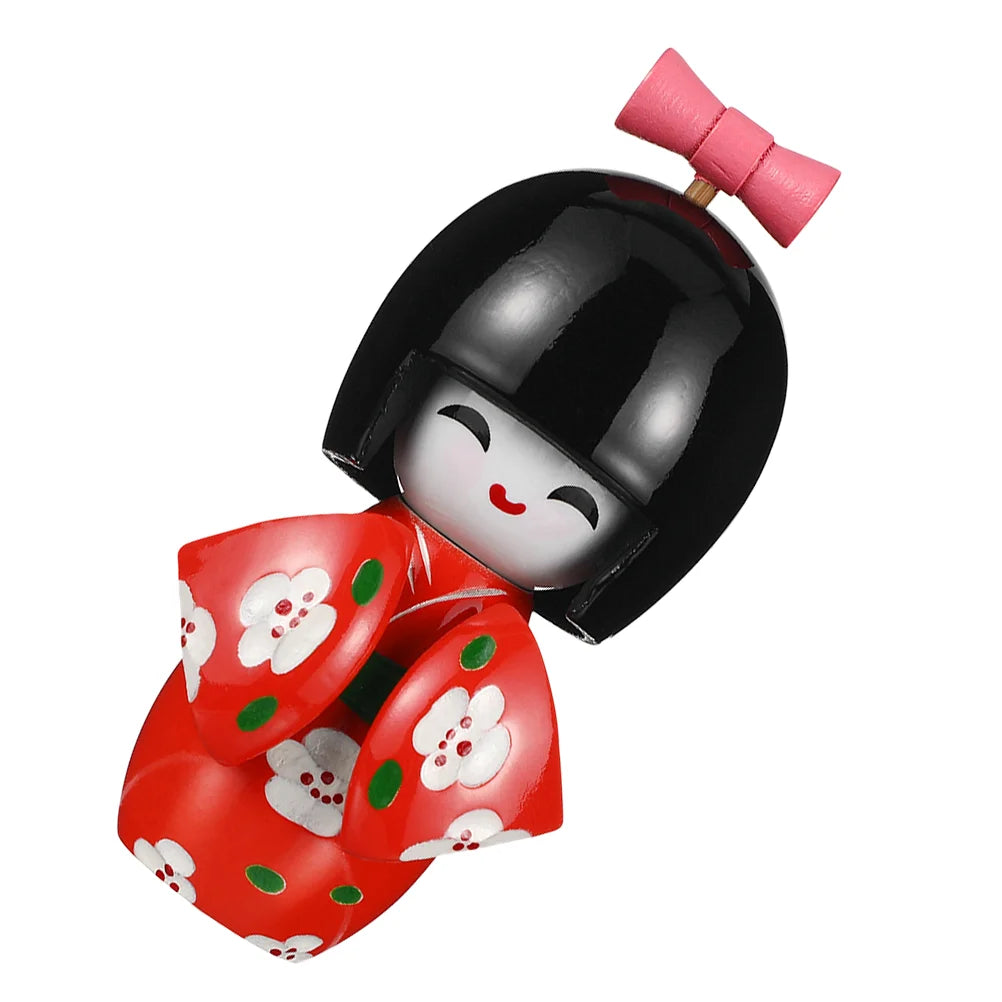 Poupée kokeshi traditionnelle japonaise noir jaune fleurs blanches rose.Points rouges noeud traditionnelle maisonDecoration