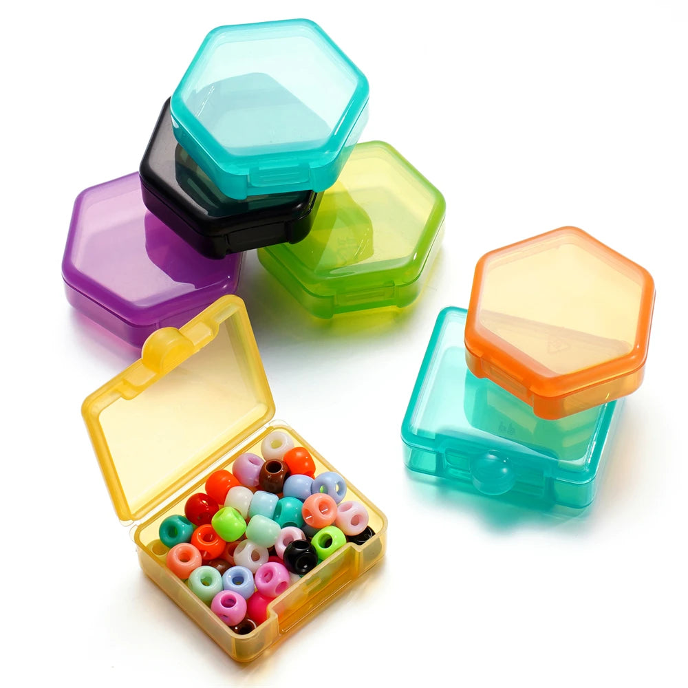 boîtes rangement hexagonnelles modernes transparentes clips colorées bleu noir vert orange violet rouge 42x46mm