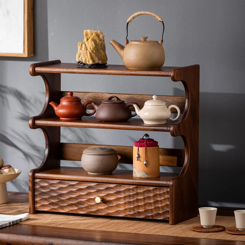 étagère moderne bois trois niveaux tiroir marron texture naturelle théières céramique motifs