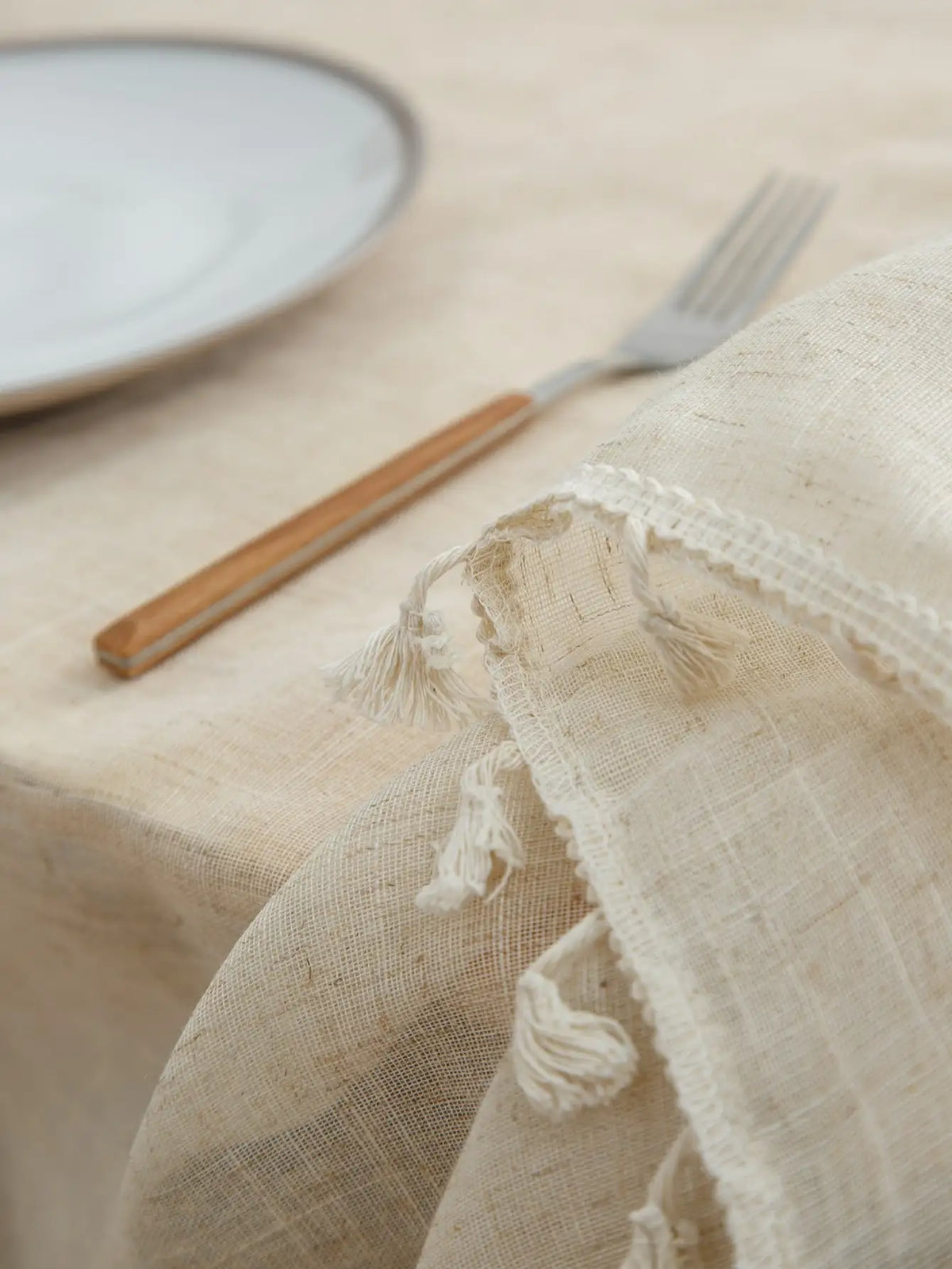 nappe table rectangle beige tissage apparent franges rustique minimalisteextérieur intérieurversible polyester