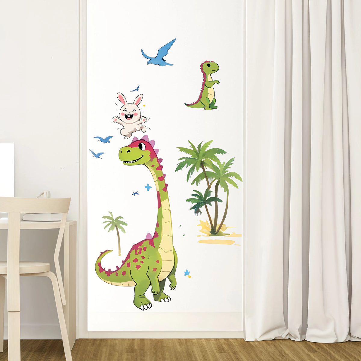 sticker mural dinosaure lapin oiseau palmier cartoon enfant chambre décoration adhésif vert marron bleu