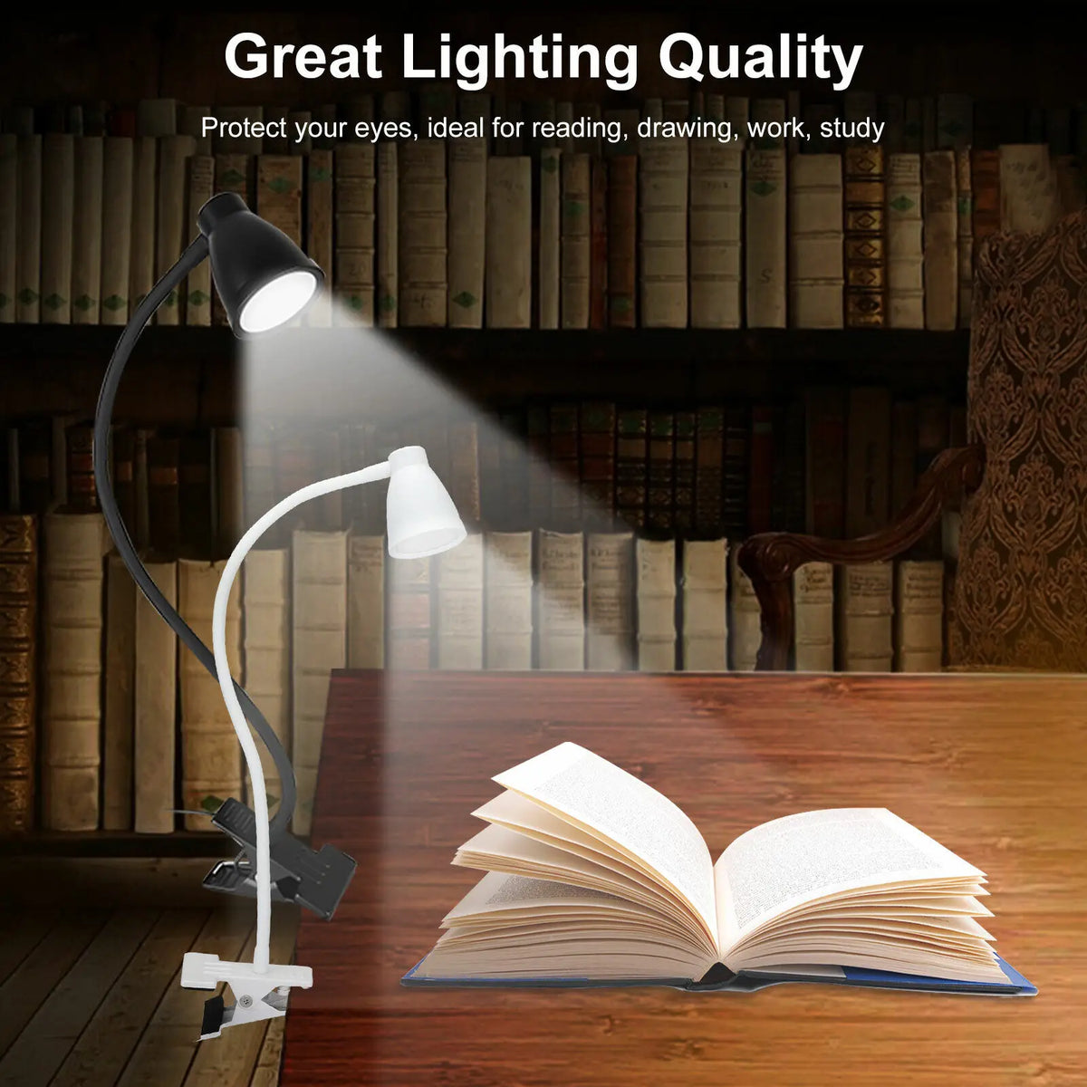 lampe led pince noire réglable col cygne moderne chevet placard