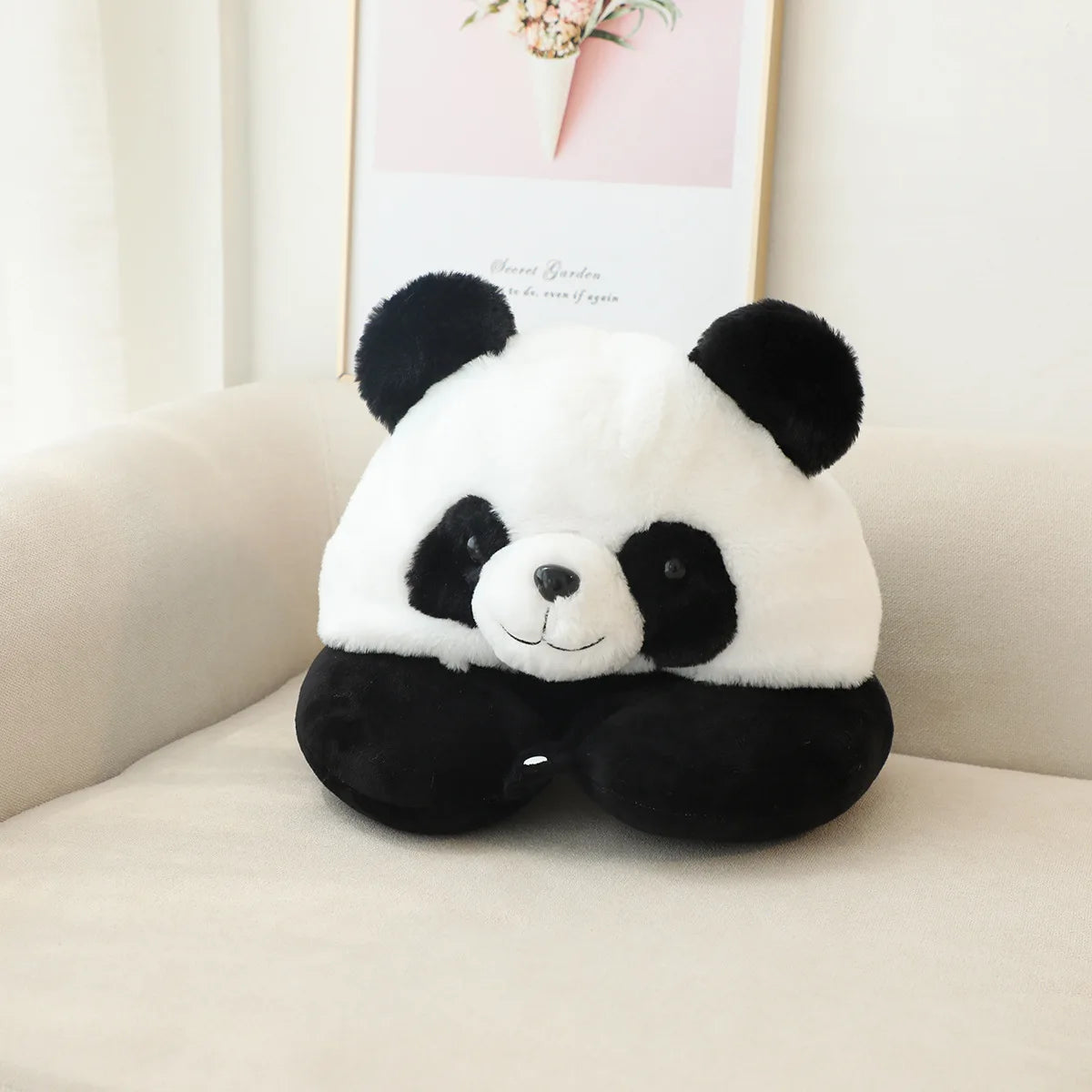 coussin voyage forme panda blanc noir peluche doux créatif mignon bouton pression portable sieste