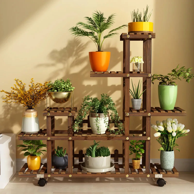 étagère plantes bois naturel barreaux horizontaux roulettes moderne pots variés decorationintérieur