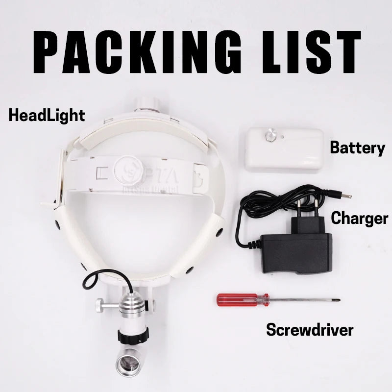 lampe frontale chirurgicale blanc texture cuir moderne batterie chargeur tournevis