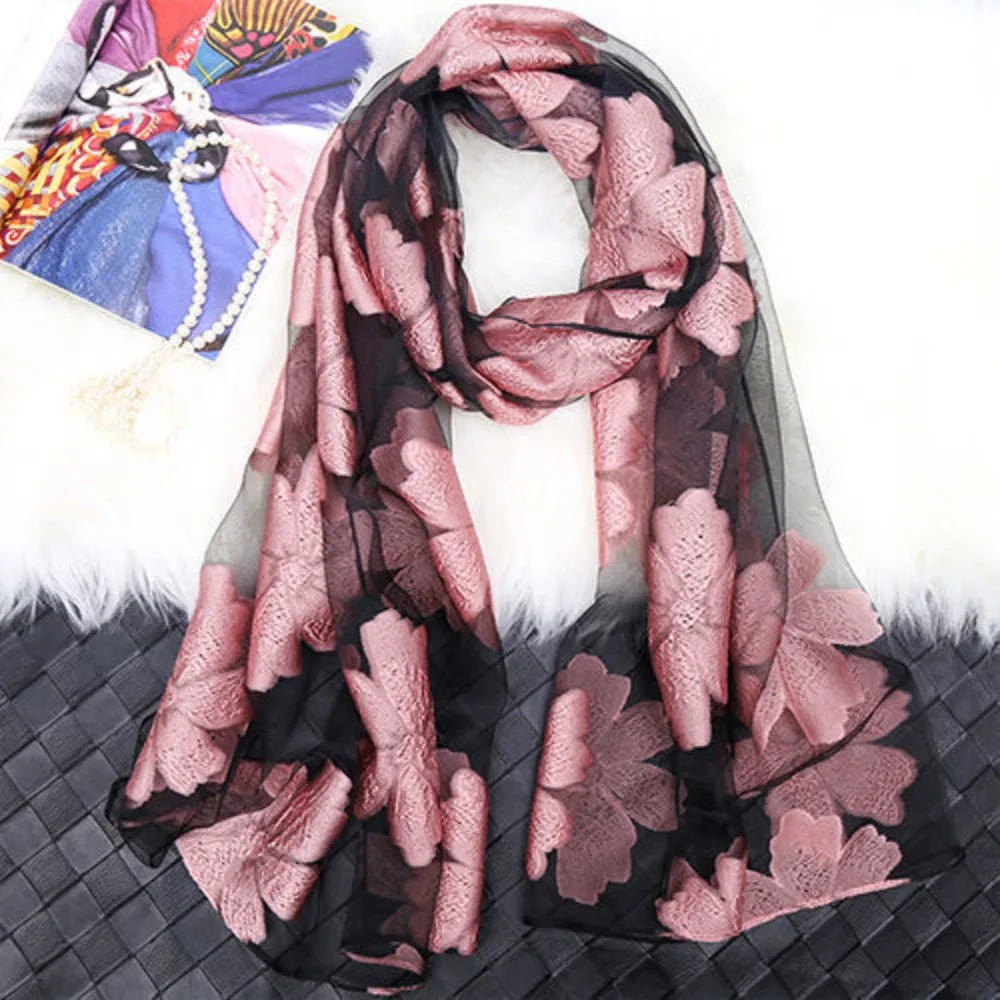 écharpe fleur printemps été femme extérieure polyester longue mode feuilles transparente