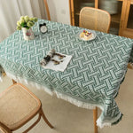 nappe rectangulaire imperméable motif géométrique franges bohème rustique verte blanche grise table basse pique