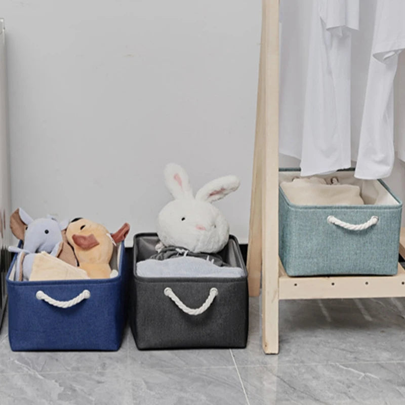 paniers rangement toile lin gris bleu rose beige pliables réutilisables moderne rustique poignées corde