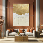 tableau abstrait contemporain doré blanc lignes ondulées toile rectangle vertical sans cadre