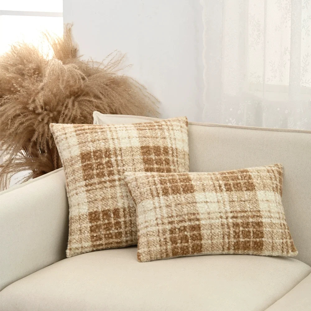 housses coussin orange beige carreaux rustiques plaids décoratifs polyester respectueux environnement farmhouse