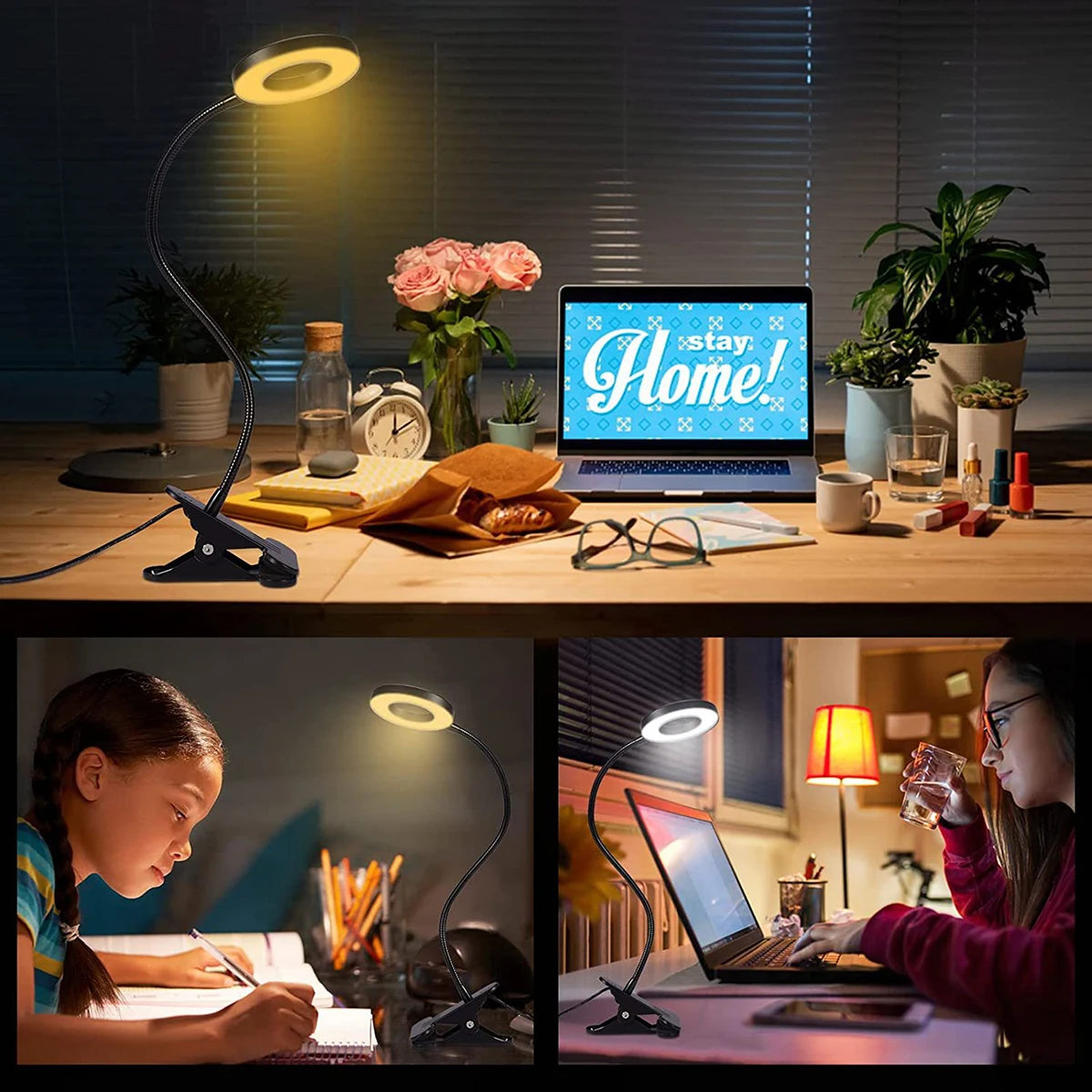 lampe clipable led anneau lumineux noir argenté moderne télécommande usb adjustable