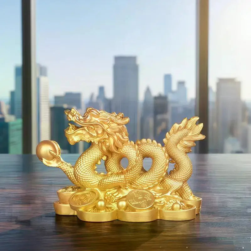 statue dragon or détails sculptés artisanat chinois décoration intérieure porte bonheur feng shui élégance