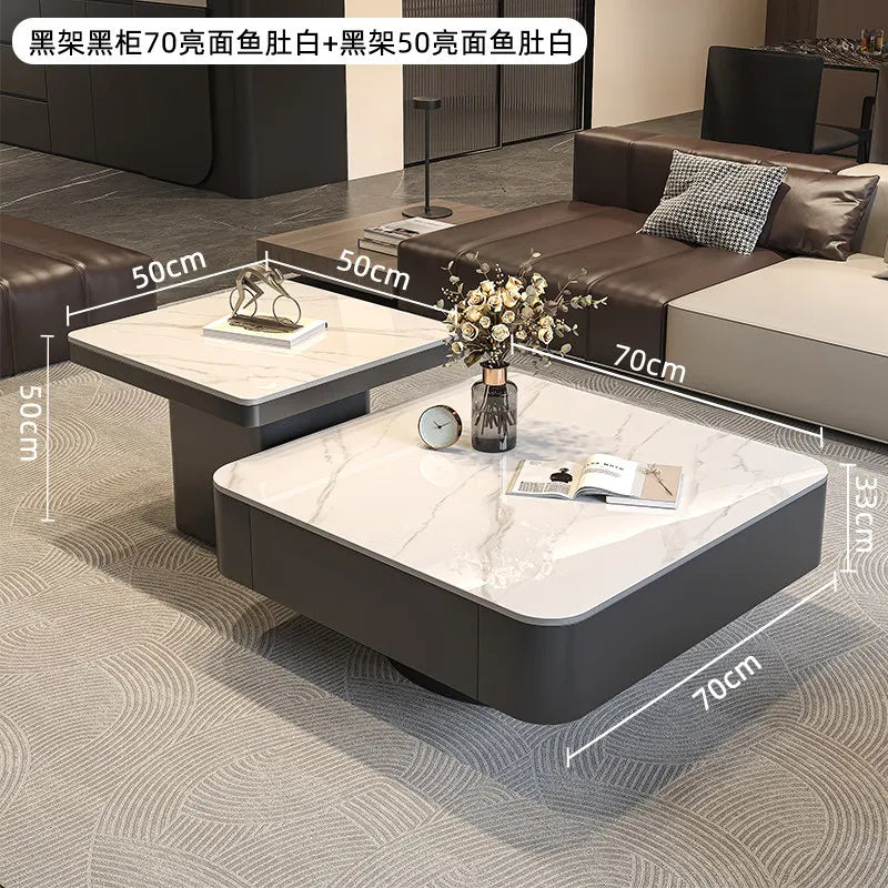 table basse carrée salon minimaliste marbre noir blanc tiroir métal solide