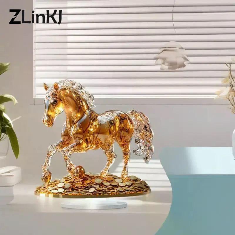 statue cheval doré détails cristal artisanal moderne base plate ornement chambre cadeau