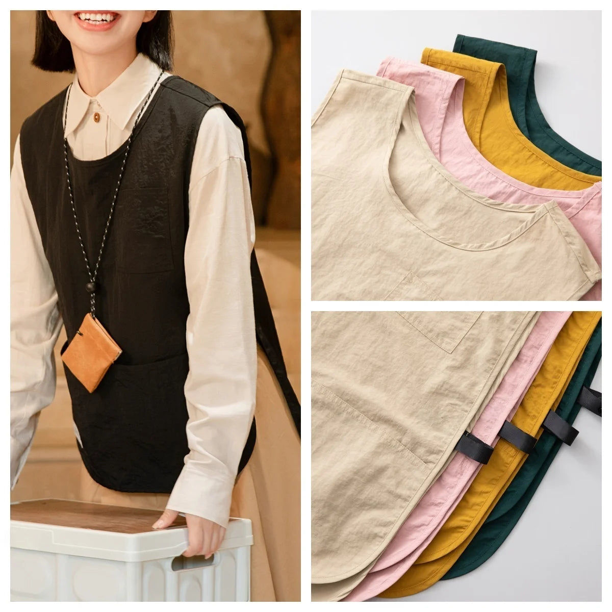 tablier polyester ajustable beige rose vert foncé uni moderne nettoyage poche avant cuisine artisanat