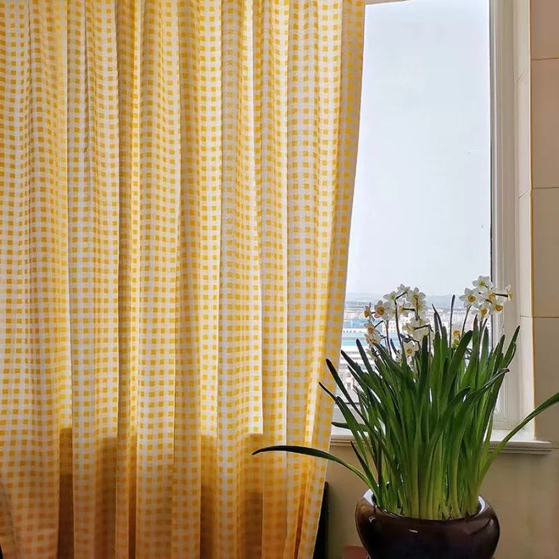 rideaux jaune clair carreaux classique opaques chambre salon polyester haute densité