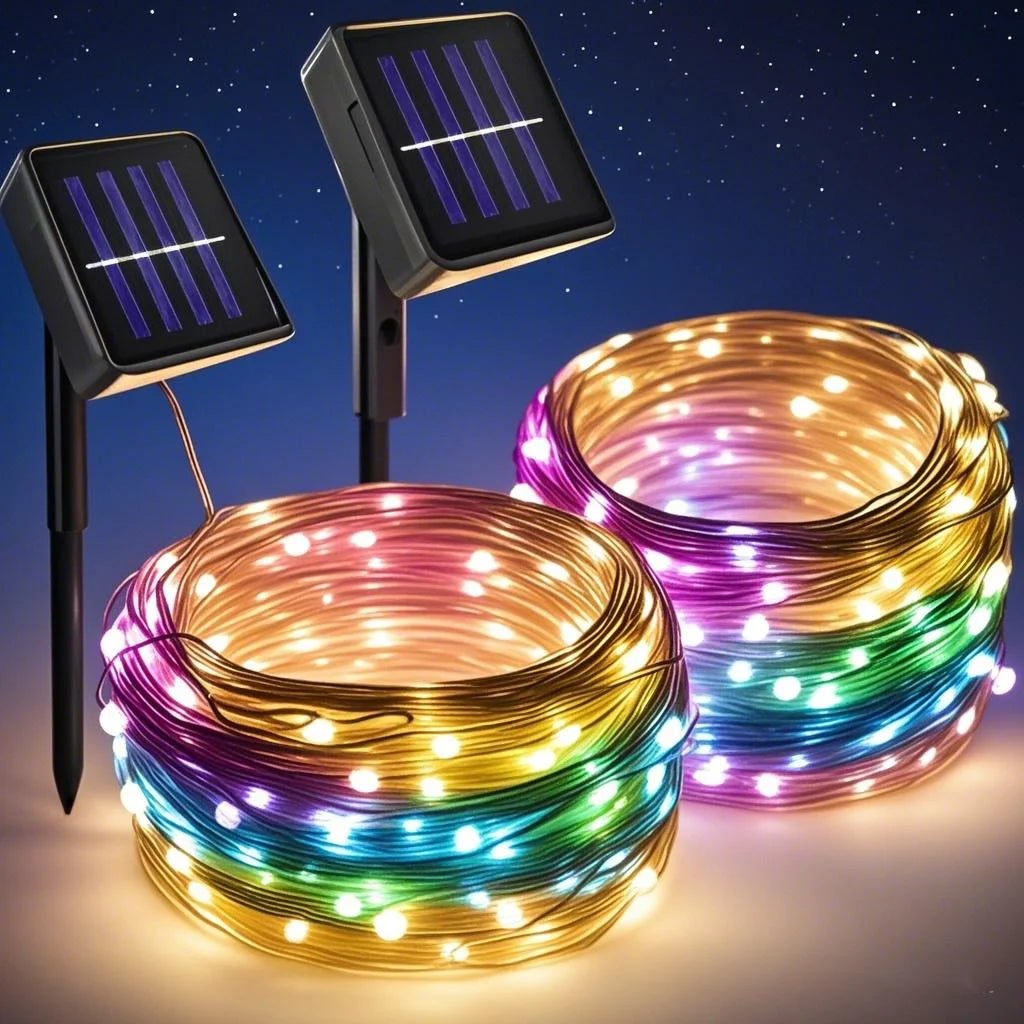 guirlande lumineuse solaire extérieur blanc chaud fil cuivre led jardin terrasse décoration nuit étanche