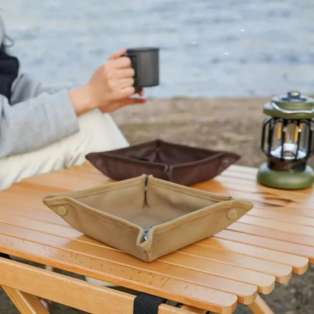 boîte rangement pliable khaki toile imperméable pratique clé lampe torche tasse photo robuste camping