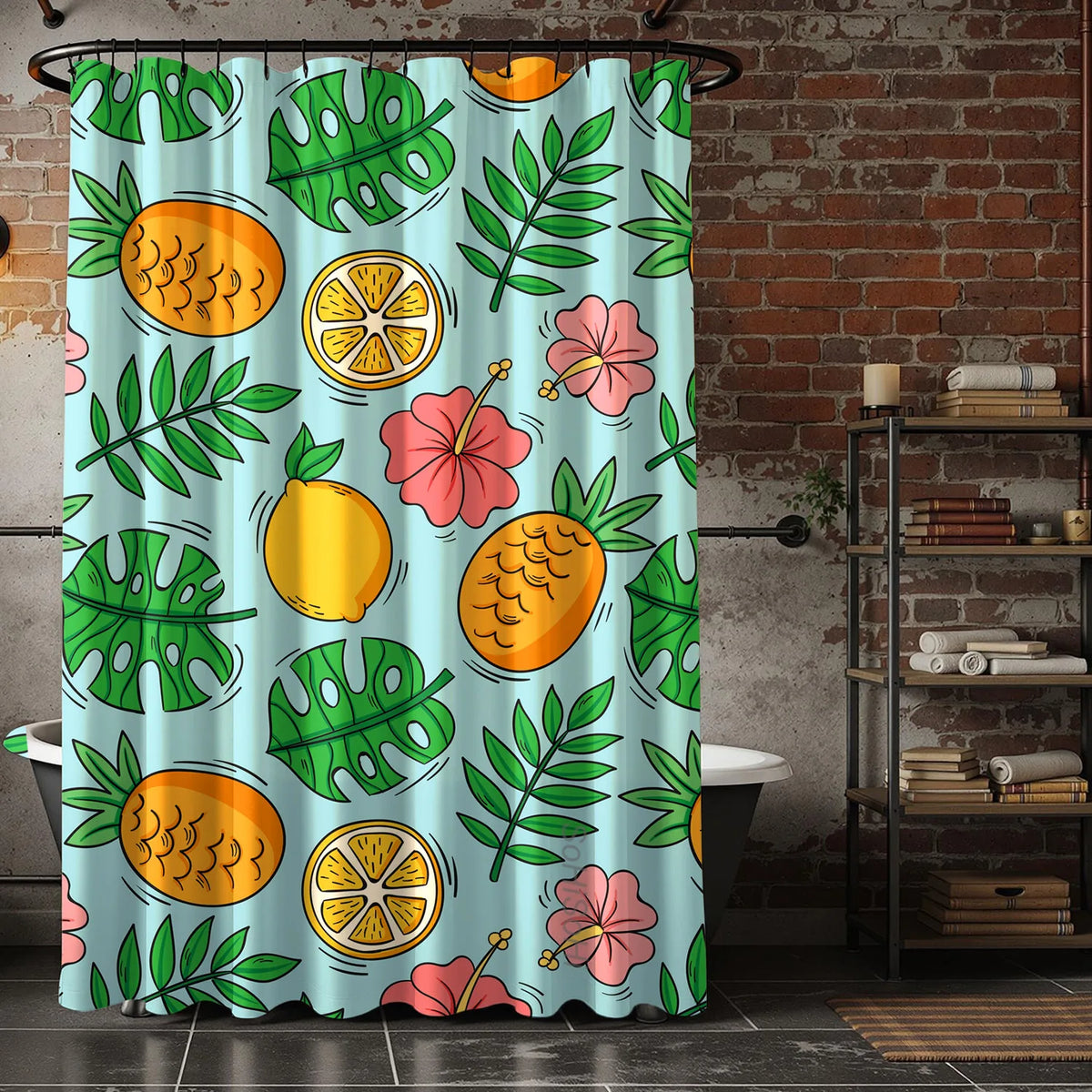 rideau douche moderne fruit texture tissée orange bleu vert blanc anneaux métalliques tropical