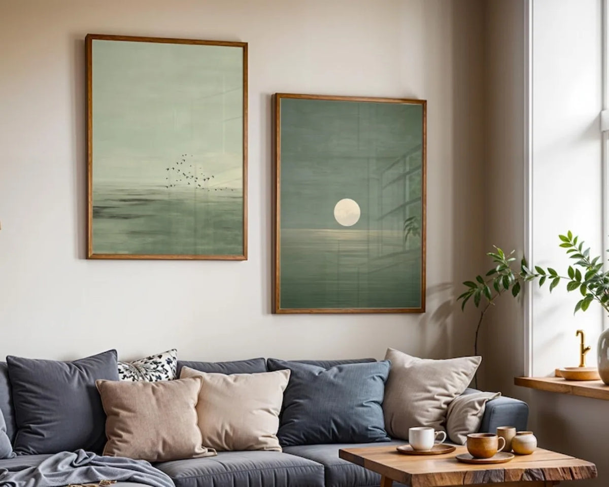 tableaux minimalistes paysage abstraits oiseaux lune vert clair vert foncé contemporains sans cadre bois