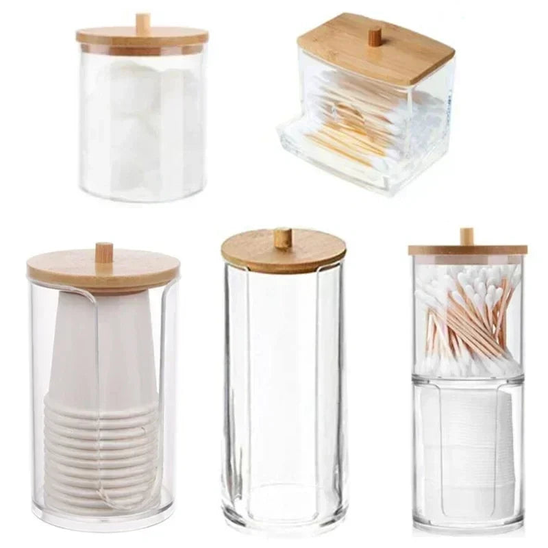 organisateur cosmétique moderne boîte rangement transparente couvercle bambou bâtonnets coton lingettes pinceaux maquillage rouge