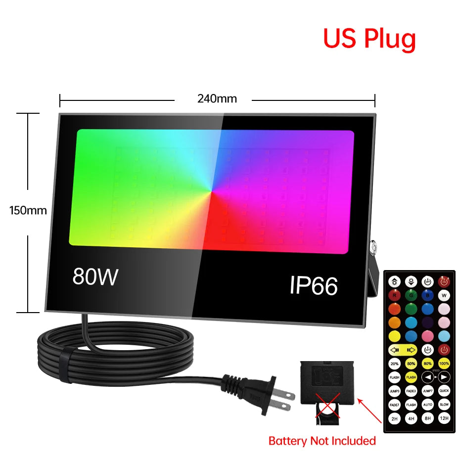 projecteur led rgb ip66 étanche extérieur télécommande réglage luminosité noir moderne
