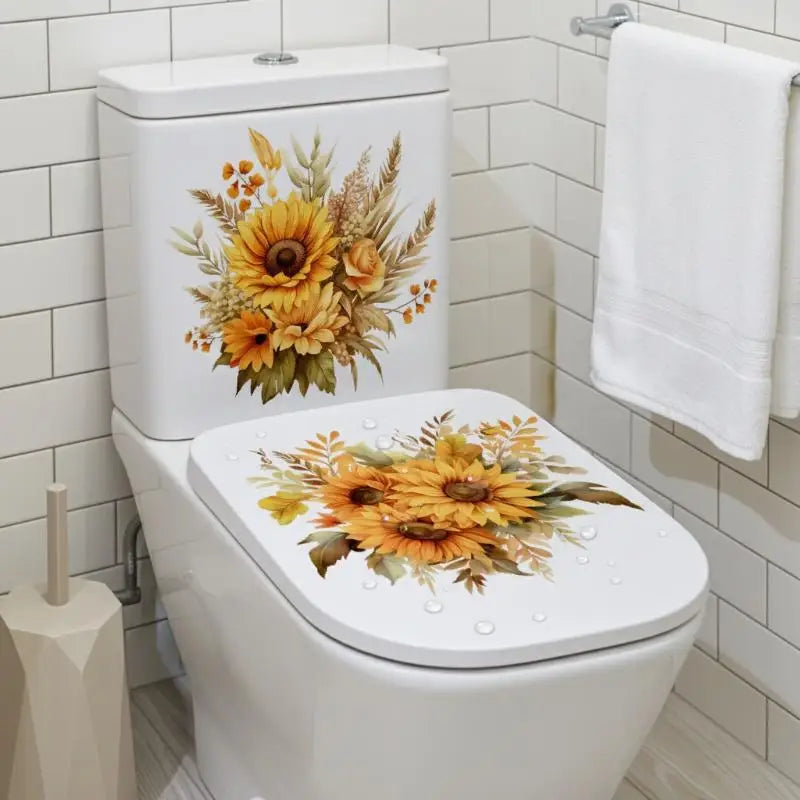sticker adhésif floral tournesols fleurs feuilles salle bain toilettes salon refroidisseur