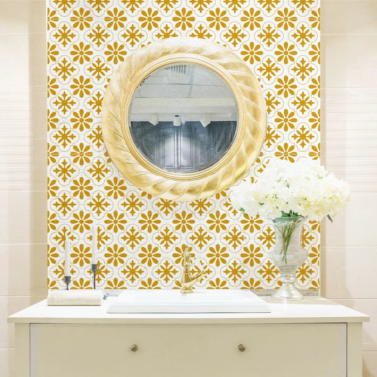 sticker mural fleurs géométriques blanc jaune doré décoration intérieure moderne pvc 10 pièces étanches