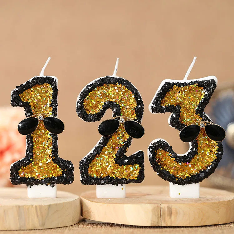 bougies forme chiffres paillettes dorées or noir festives anniversaires tringles