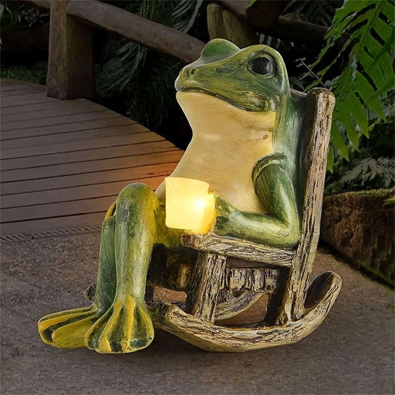 lampe solaire grenouille vert chaise bascule deco exterieure animée nocturneextérieur festive