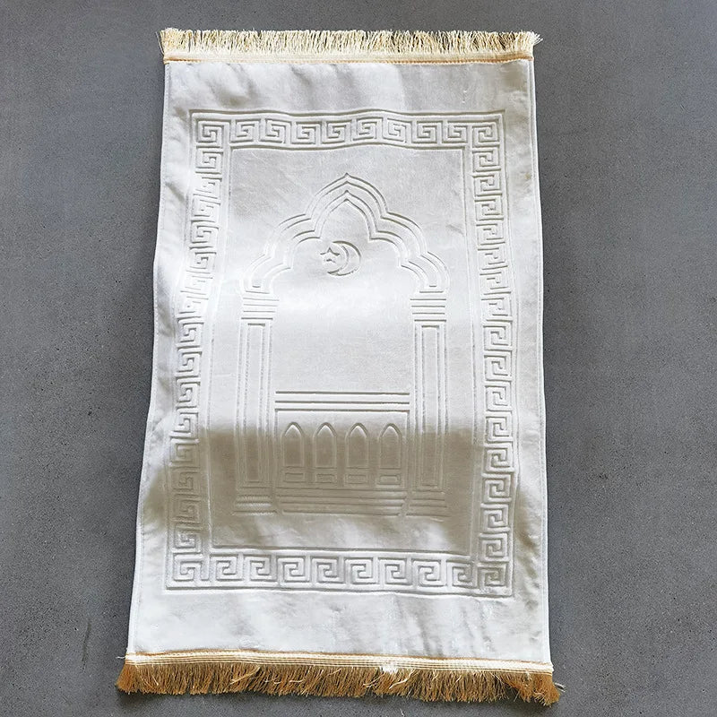 tapis prière épais 8cm brocart imprimé architectural antidérapant moderne İslam chrétien doré beige patio
