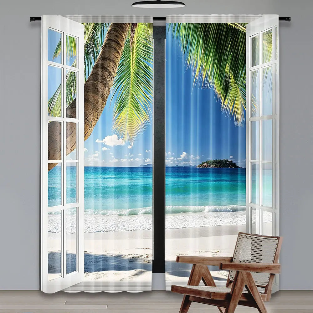 rideau paysage marine palmiers océan plage bleu vert translucide moderne deux panneaux polyester
