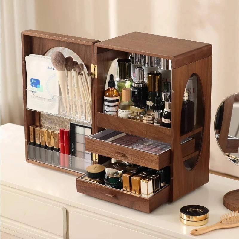 meuble rangement cosmétique moderne bois foncé brosse maquillage palette fards flacons produits cosmétiques boîtes