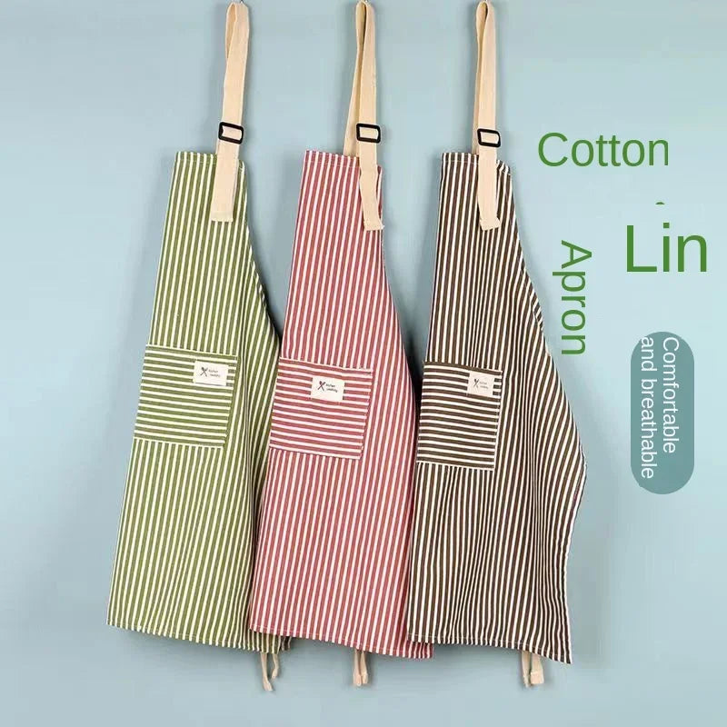 tablier coton lin rayures vert clair rouge beige classique poche avant cuisine chef serveur