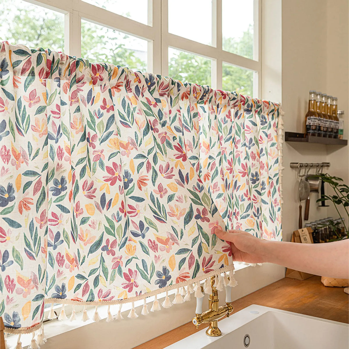 rideau bohème floral transparent blanc cassé fenêtre cuisine 140x60cm tringle rideau