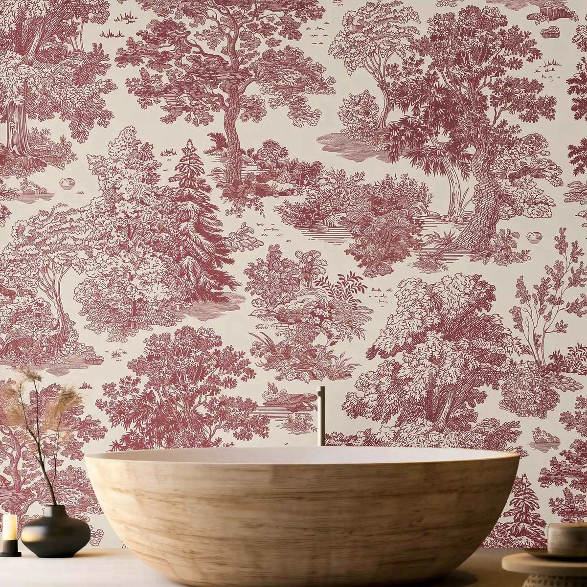 papier peint toile rouge paysage forêt classique vintage adhésif résistant isolation thermique chambre salon